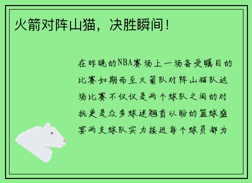 火箭对阵山猫，决胜瞬间！